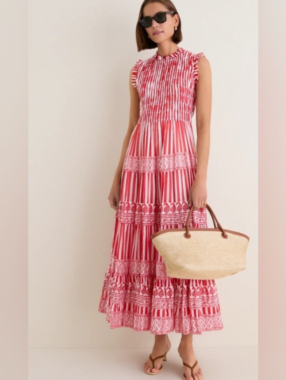 Tuckernuck Oliphant Santorini Red White Smocked Midi Dress Size Large NEW NWT